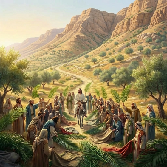 Man on donkey travels palm-lined path under stormy sky with single light beam.