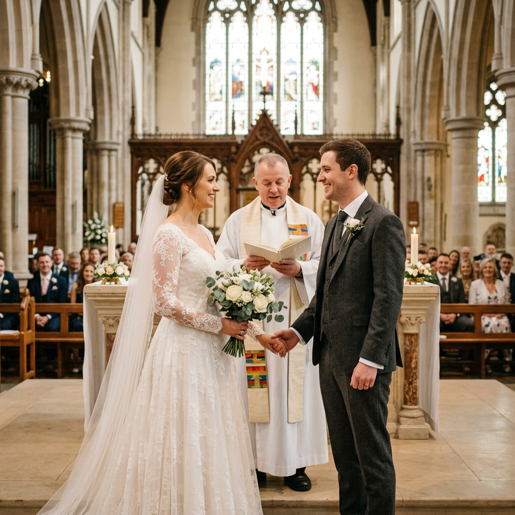Bride and groom holding hands at altar with priest officiating wedding ceremony in church