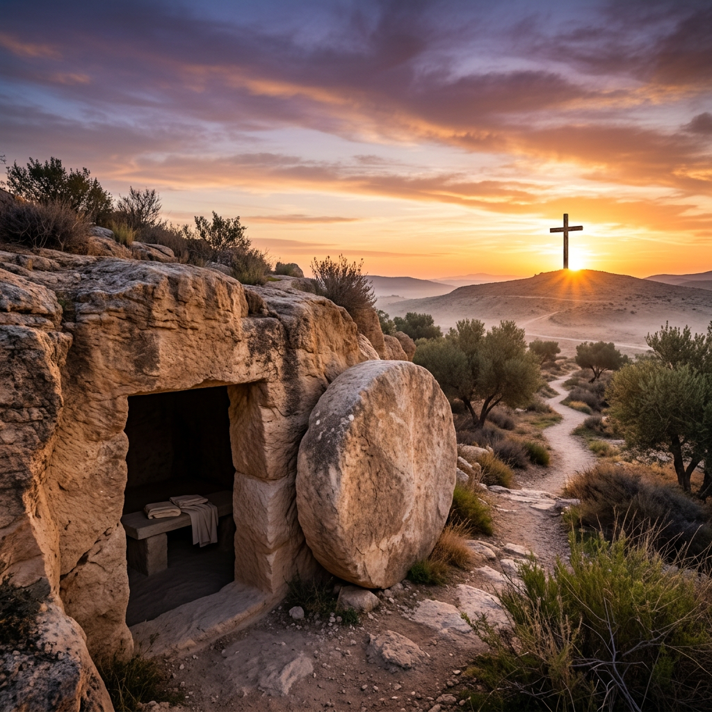 Stone tomb with rolled stone door open at sunrise and cross on hill