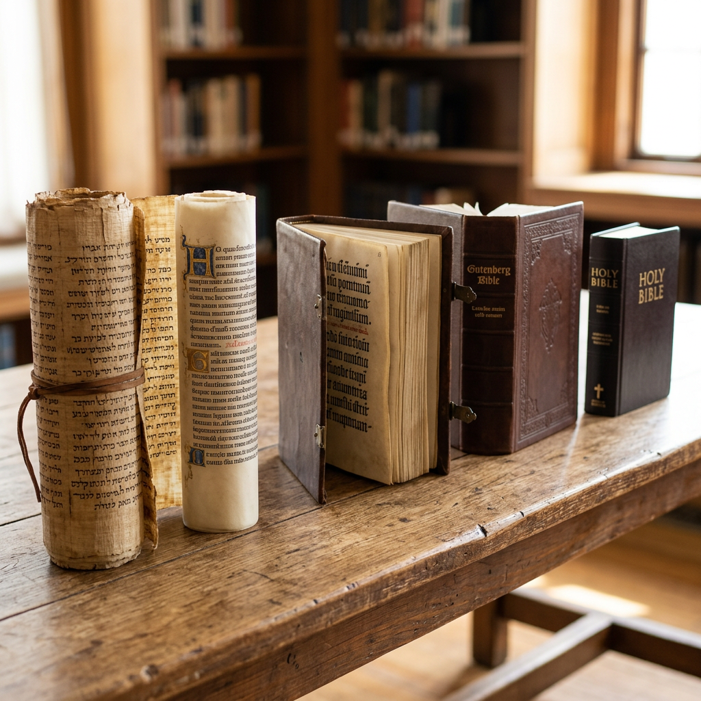 Ancient Hebrew scrolls, medieval manuscripts, Gutenberg Bible, and modern Holy Bibles arranged on a wooden table