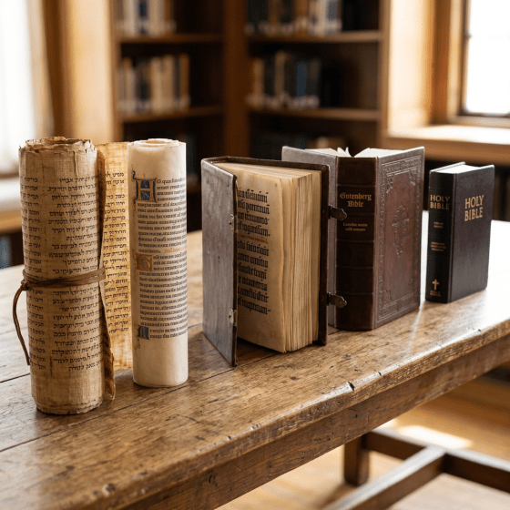 Ancient Hebrew scrolls, medieval manuscripts, Gutenberg Bible, and modern Holy Bibles arranged on a wooden table