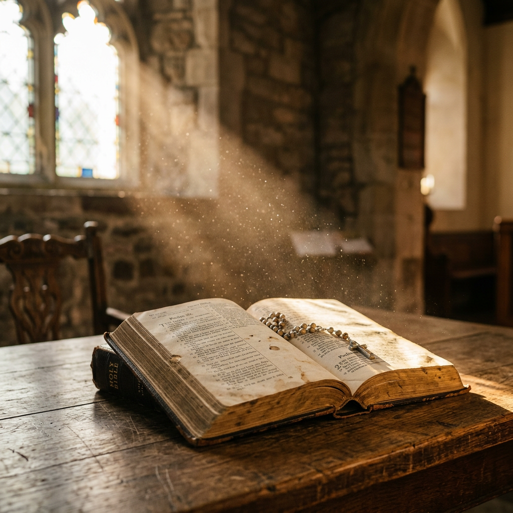 Open old Bible with rosary beads on wooden table in sunlight inside church