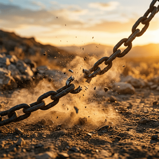 Rusty metal chain breaking in two with debris flying outdoors at sunset