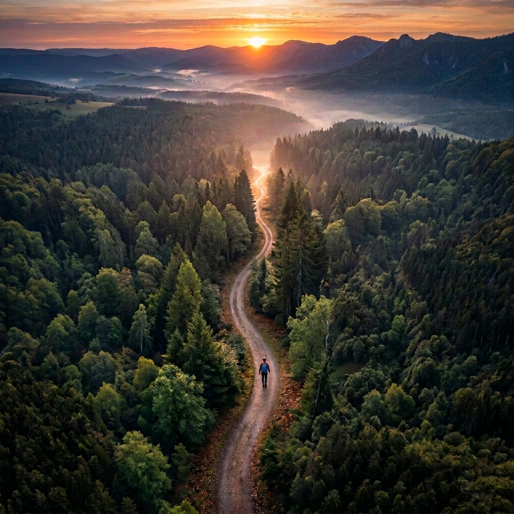 Aerial view of a village in a green valley with forested hills and a winding road at sunset
