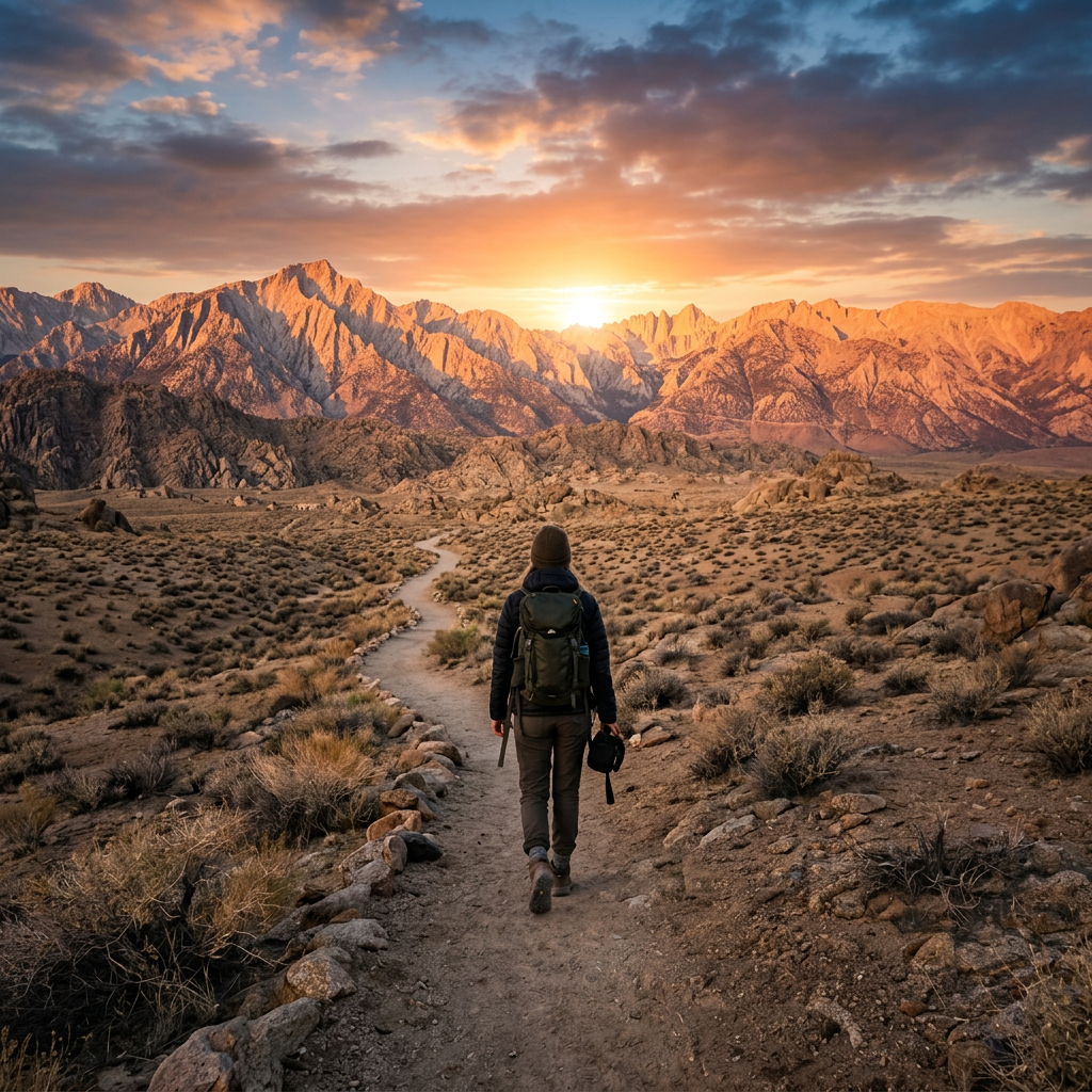 Person hiking on a desert trail with mountains in the distance at sunset