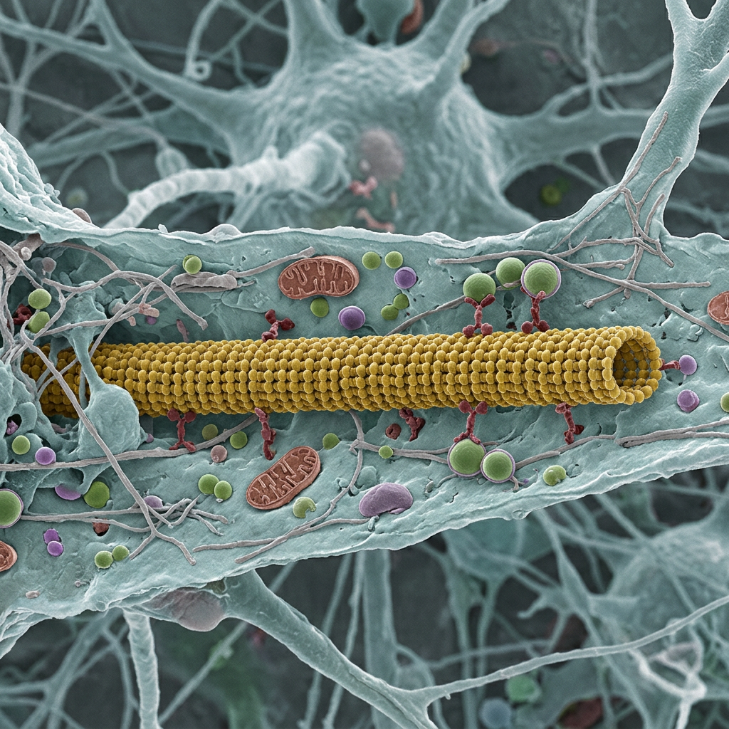 Colored microscopic view of a cylindrical cellular structure among organelles and filaments