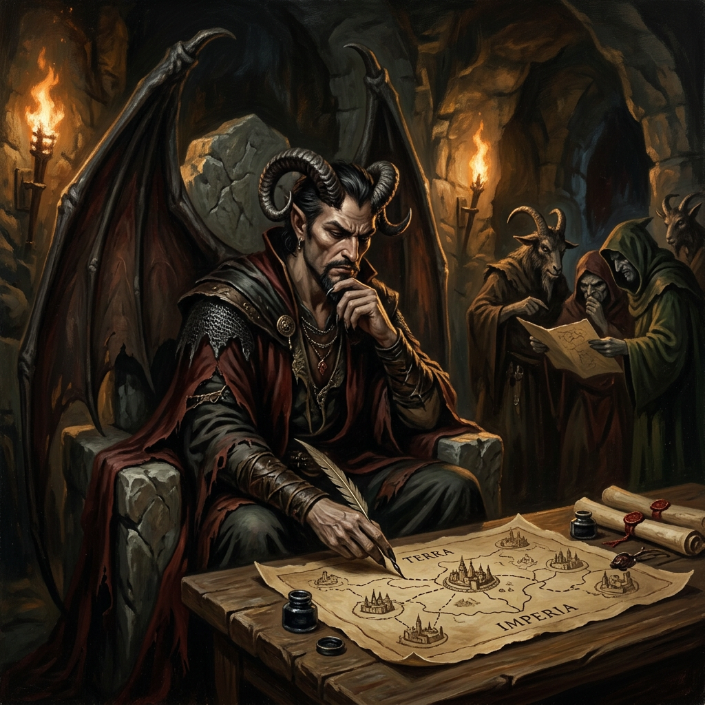 Horned demon studying a map with demonic advisers in a torchlit cavern