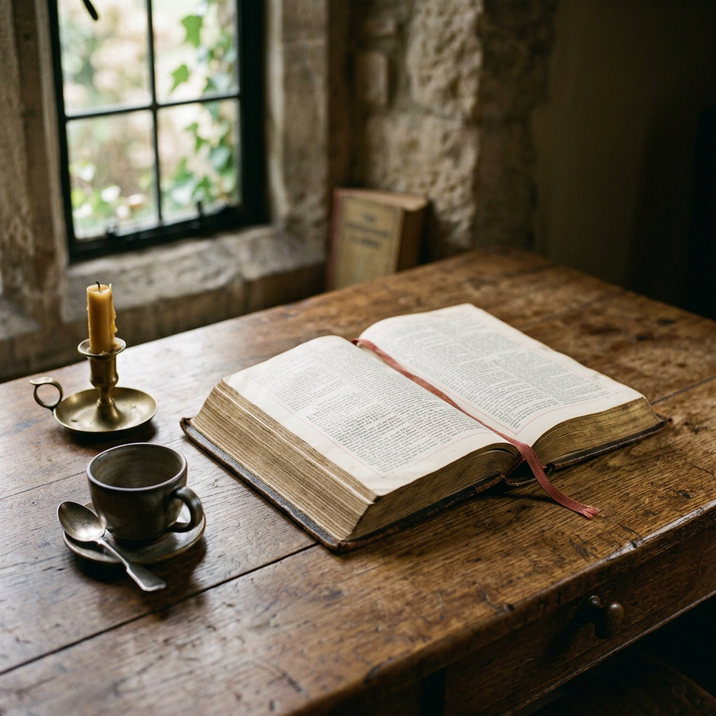 Open book, coffee cup, and candle on a rustic wooden table
