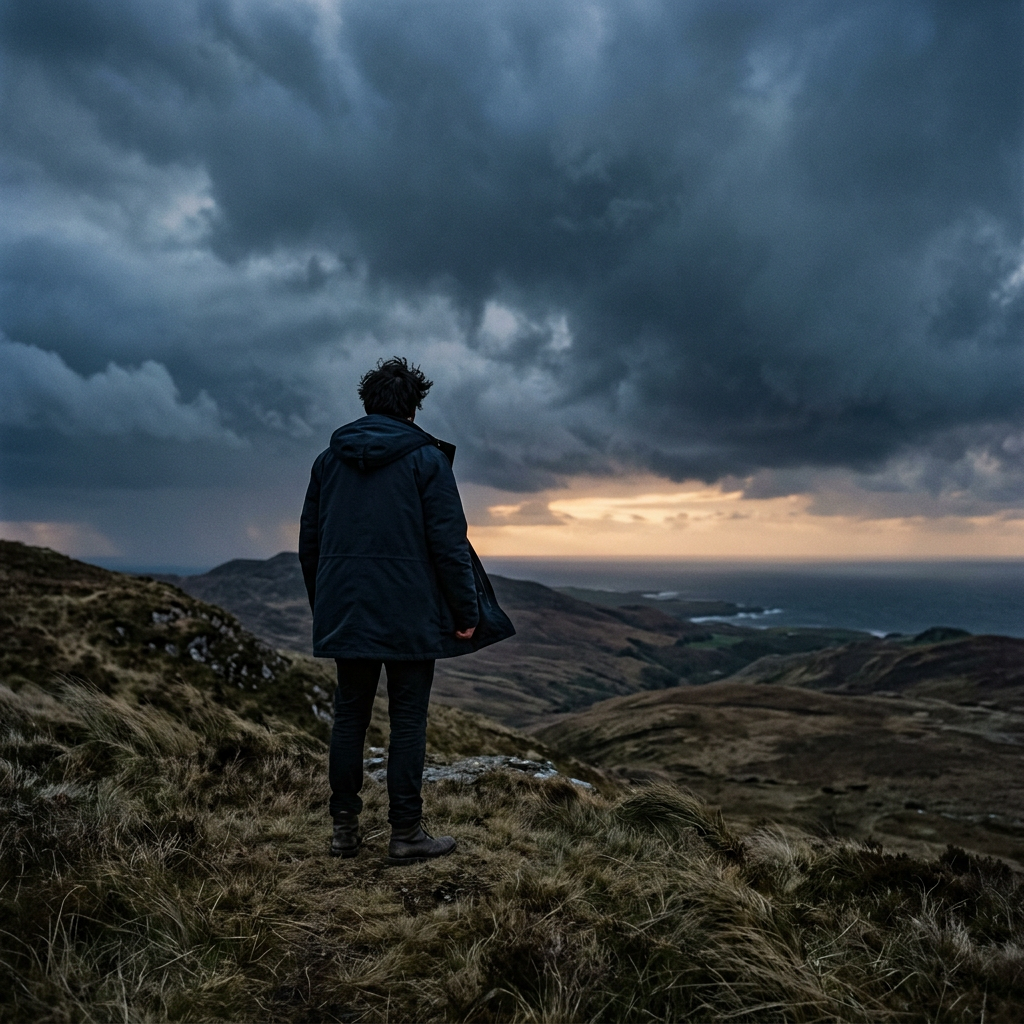 Lone hiker overlooking rugged coastal hills and ocean beneath storm clouds