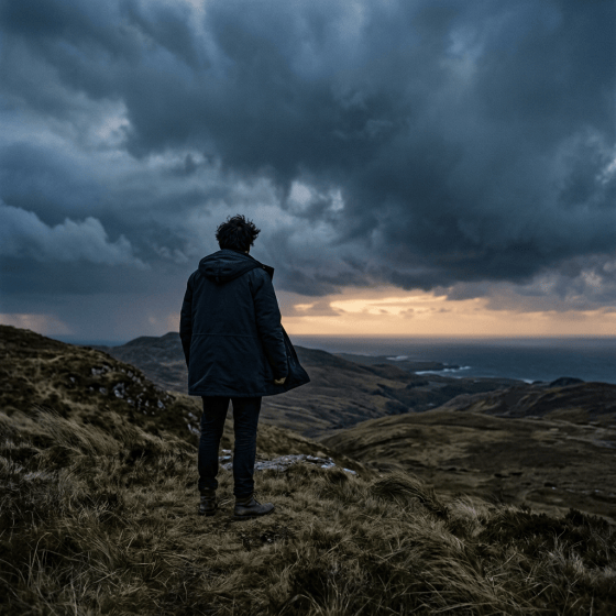 Lone hiker overlooking rugged coastal hills and ocean beneath storm clouds