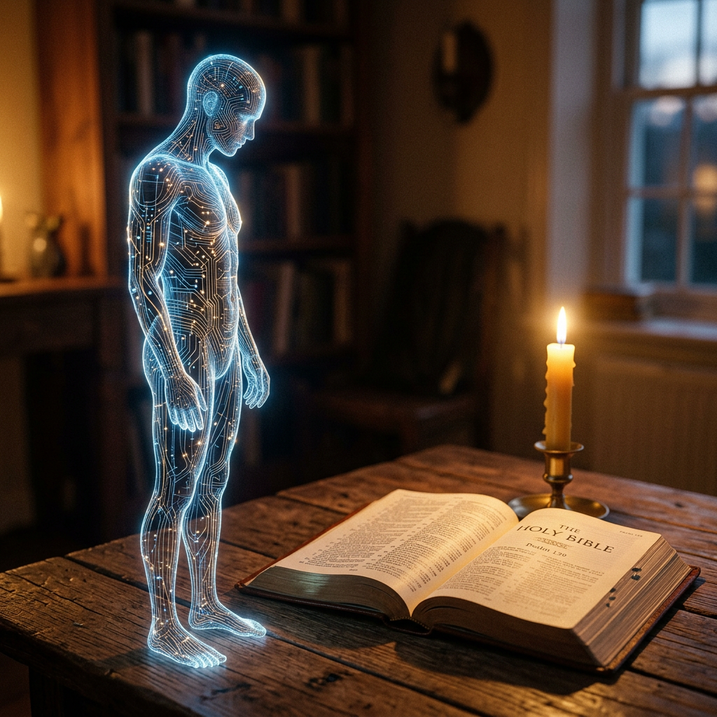 Glowing human figure beside an open Bible labeled "THE HOLY BIBLE" and candle