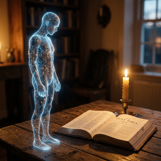 Glowing human figure beside an open Bible labeled "THE HOLY BIBLE" and candle