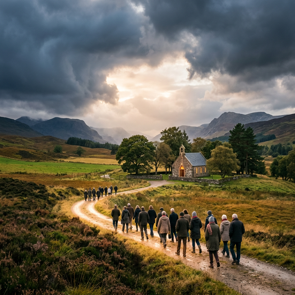 Group of people walking toward a stone chapel in a mountain valley